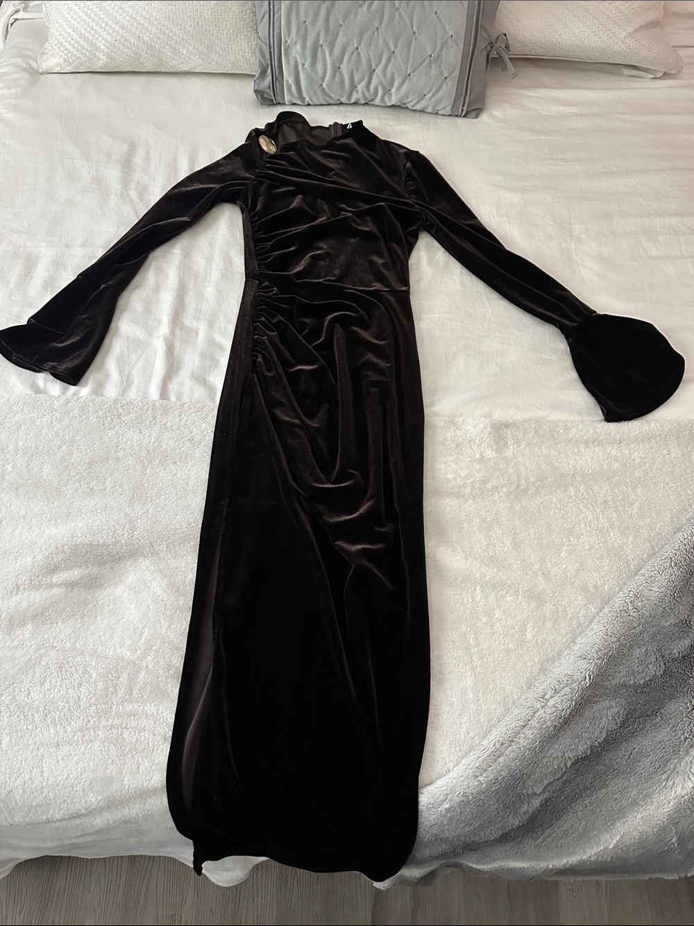 Brown Velvet Maxi Dress with Ruched Side and Bell Sleeves